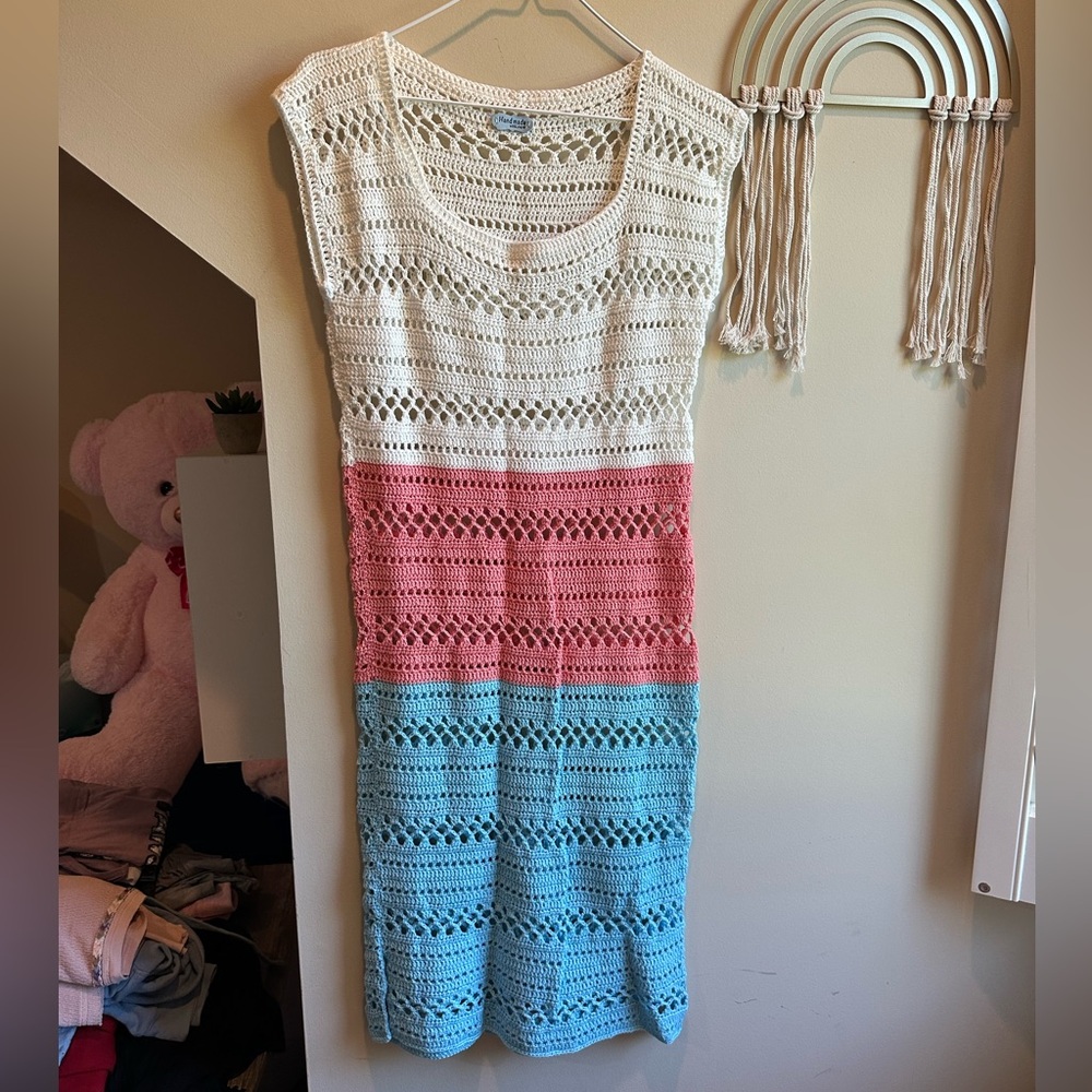 Crochet Striped Dress in White, Pink, and Blue - Picture 4 of 13